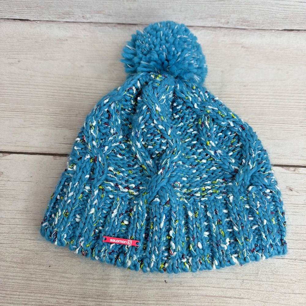 Salomon Knit Beanie Women's Winter Skiing Snowboarding Hat Green Blue Excellent